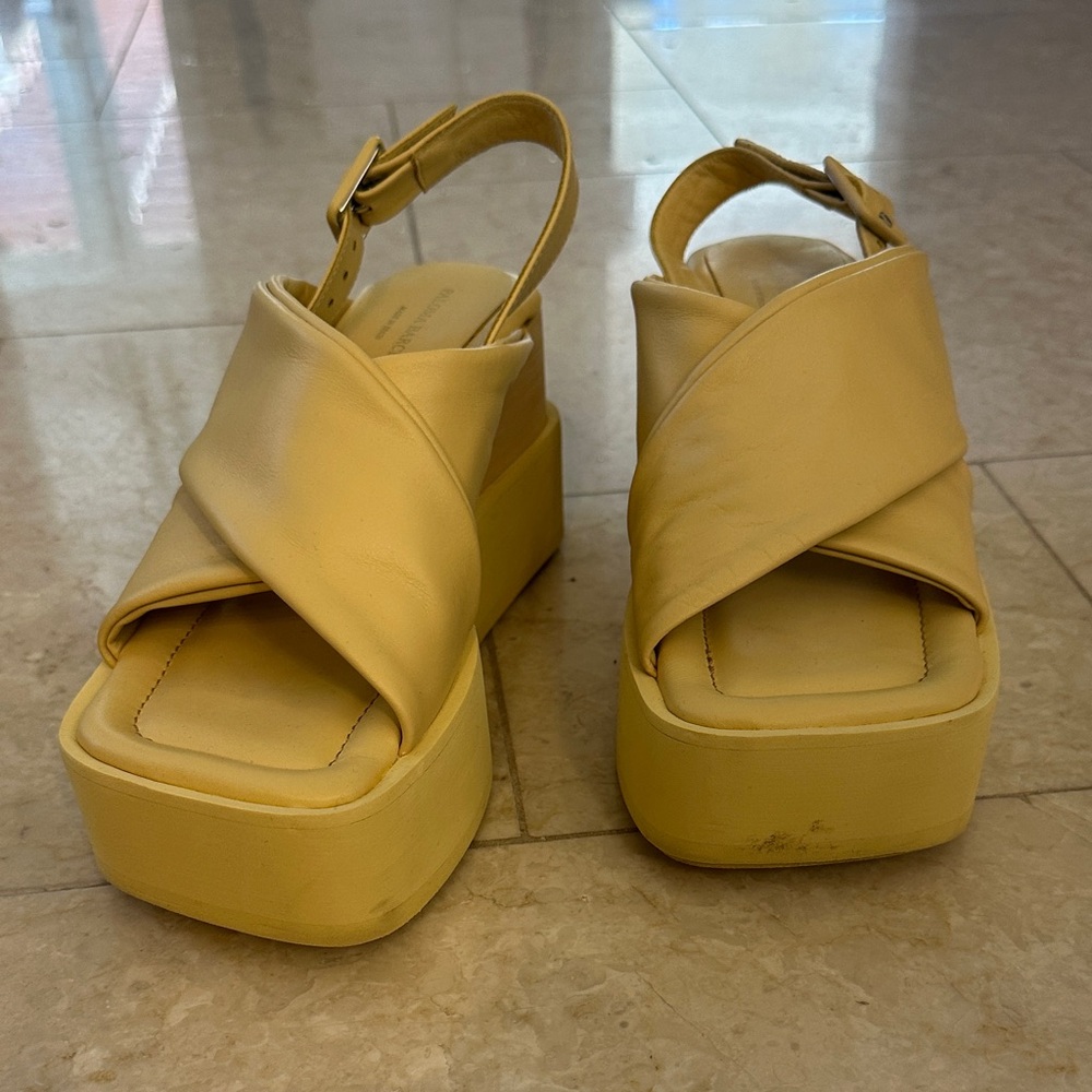 Paloma Barcelo Lemon Yellow Leather Platform Wedge Slingbacks - Picture 1 of 9